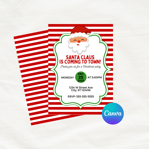 DIGITAL DOWNLOAD ONLY Santa Claus Is Coming To Town Christmas Editable Invitation 5x7