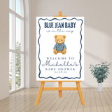Editable Bear Blue Jean Baby Is On The Way Baby Shower Welcome Sign | Instant Download | Canva Template | 18x24, 24x36