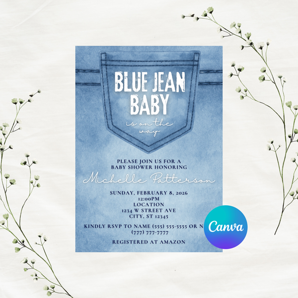 Editable Blue Jean Baby Is On The Way Baby Shower Invitation Template | Instant Download | Canva Template | 5x7