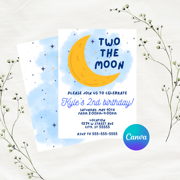 DIGITAL DOWNLOAD ONLY Blue Two The Moon Birthday Party Editable Invitation 5x7