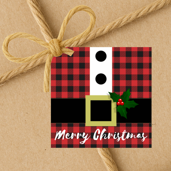 INSTANT DOWNLOAD Buffalo Plaid Merry Christmas Santa Belt Square Gift Tags 2.5x2.5