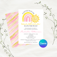 Editable Pink A Little Ray Of Sunshine Is On The Way Baby Shower Invitation Template | Instant Download | Canva Template | 5x7