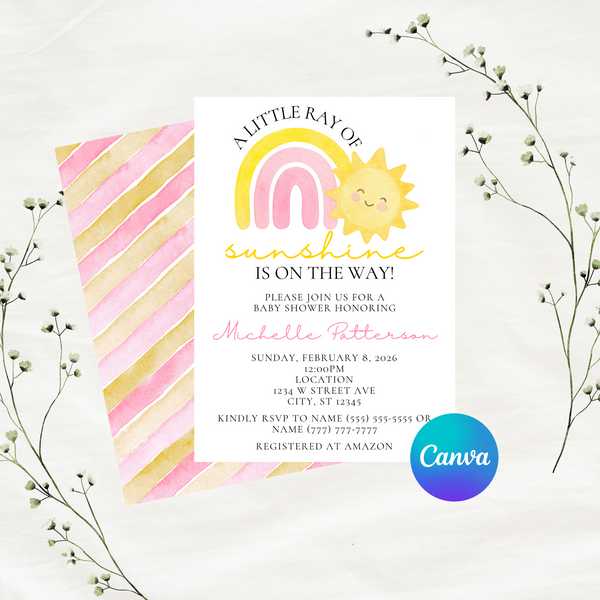 Editable Pink A Little Ray Of Sunshine Is On The Way Baby Shower Invitation Template | Instant Download | Canva Template | 5x7