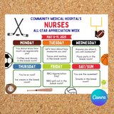 DIGITAL DOWNLOAD Sports Themed Nurses Appreciation Week Itinerary Poster 11x8.5