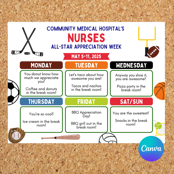 DIGITAL DOWNLOAD Sports Themed Nurses Appreciation Week Itinerary Poster 11x8.5