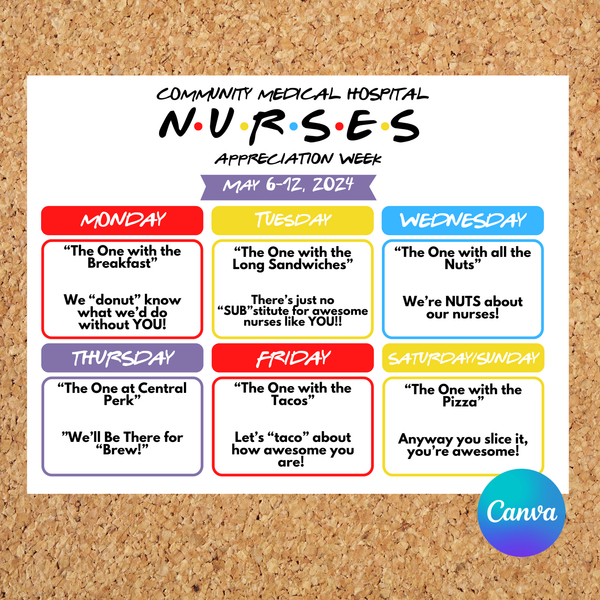 Editable Friends Themed Nurses Appreciation Week Itinerary Poster