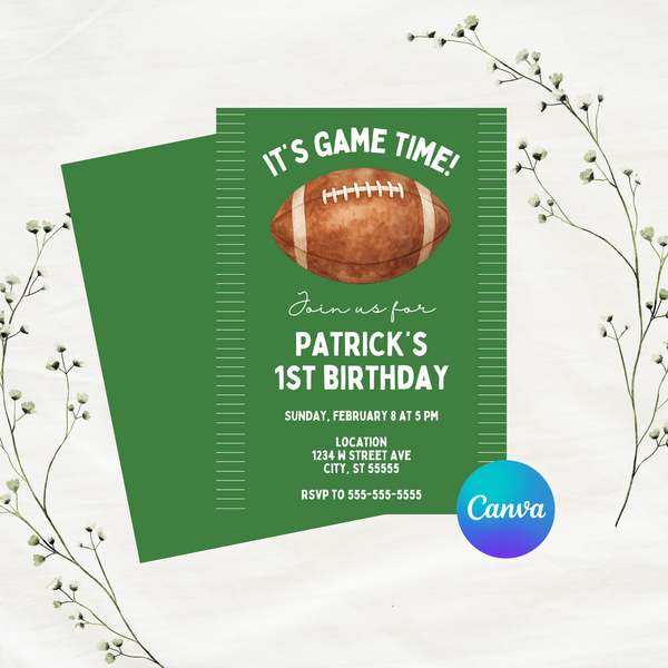 Editable Green Football Birthday Invitation Template | Instant Download | Canva Template | 5x7
