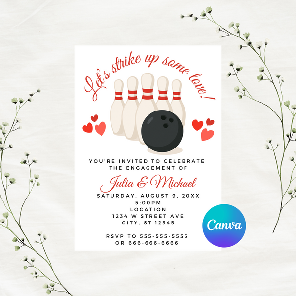 Editable Let's Strike Up Some Love Bowling Engagement Invitation | Bowling Theme | Instant Download | Canva Template | 5x7