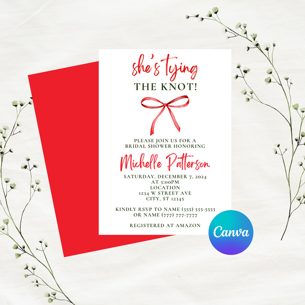Editable Christmas She's Tying The Knot Bridal Shower Invitation | Christmas Theme | Red & Green | Instant Download | Canva Template | 5x7