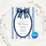 Editable Navy Blue Bow Baptism Invitation Template | Instant Download | Canva Template | 5x7