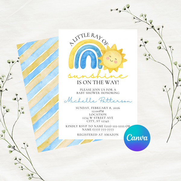 Editable Blue A Little Ray Of Sunshine Is On The Way Baby Shower Invitation Template | Instant Download | Canva Template | 5x7