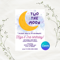 DIGITAL DOWNLOAD ONLY Two The Moon Birthday Party Editable Invitation 5x7