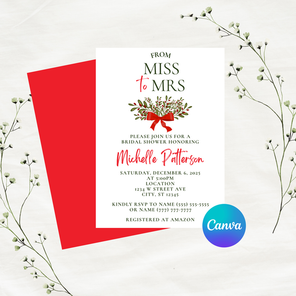 DIGITAL DOWNLOAD ONLY Christmas From Miss to Mrs Bridal Shower Editable Invitation 5x7