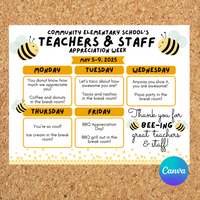 DIGITAL DOWNLOAD ONLY Editable Bee Themed Teachers & Staff Appreciation Week Itinerary Poster 11x8.5