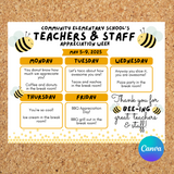 DIGITAL DOWNLOAD ONLY Editable Bee Themed Teachers & Staff Appreciation Week Itinerary Poster 11x8.5
