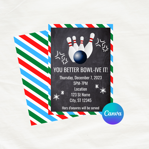 DIGITAL DOWNLOAD ONLY Holiday Bowling Party Event Editable Invitation 5x7