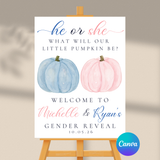 Editable Fall Pink And Blue Pumpkin Gender Reveal Welcome Sign | Instant Download | Canva Template, 18x24, 24x36