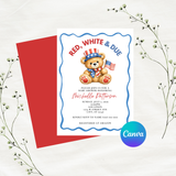 Editable Patriotic Red, White & Due Bear Baby Shower Invitation Template | Instant Download | Canva Template | 5x7