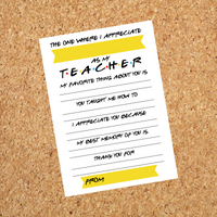 INSTANT DOWNLOAD The One Where I Appreciate My Teacher Questionnaire Friends Theme 8.5x11