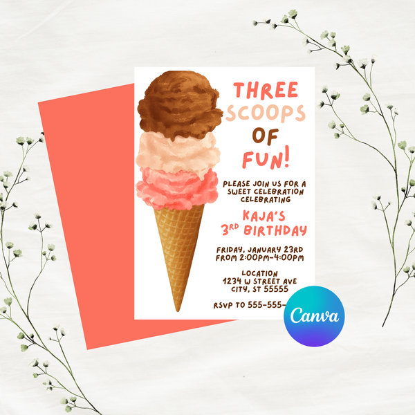 Editable Three Scoops of Fun Ice Cream Birthday Invitation Template | Instant Download | Canva Template | 5x7