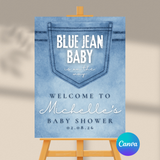 Editable Blue Jean Baby Is On The Way Baby Shower Welcome Sign | Instant Download | Canva Template | 18x24, 24x36