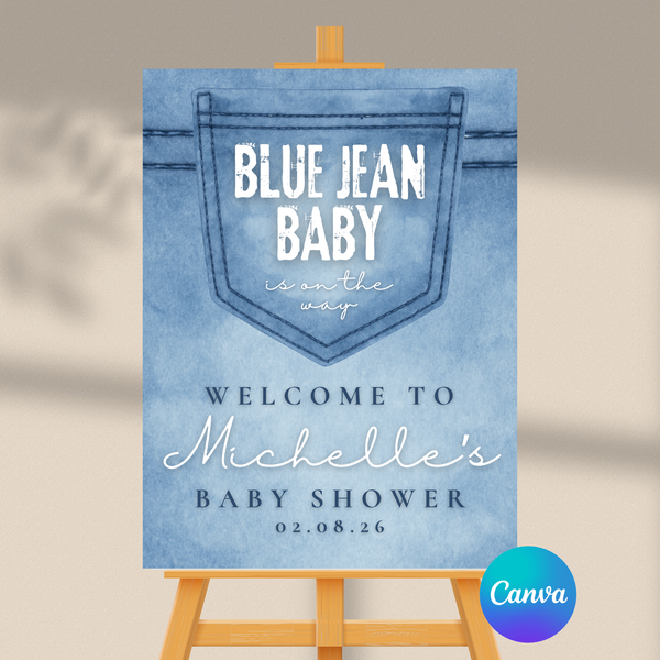 Editable Blue Jean Baby Is On The Way Baby Shower Welcome Sign | Instant Download | Canva Template | 18x24, 24x36