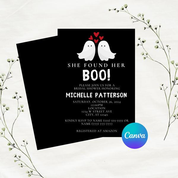 Editable Halloween She Found Her Boo Bridal Shower Invitation | Halloween Ghost | Instant Download | Canva Template | 5x7