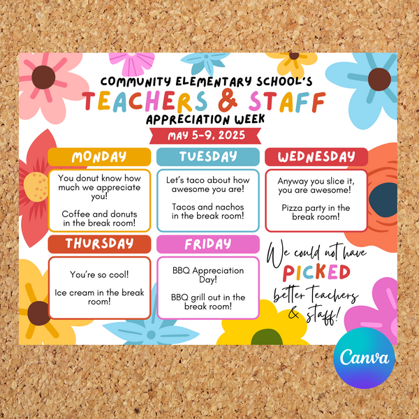 DIGITAL DOWNLOAD ONLY Editable Floral Theme Teachers & Staff Appreciation Week Itinerary Poster 11x8.5