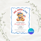 Editable Patriotic Red, White & Due Bear Baby Shower Invitation Template | Instant Download | Canva Template | 5x7