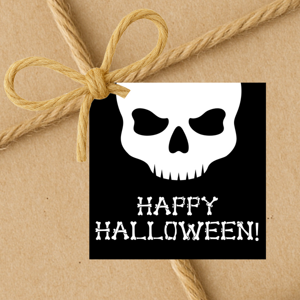 INSTANT DOWNLOAD Black Skull Happy Halloween Square Gift Tags 2.5x2.5