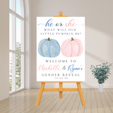 Editable Fall Pink And Blue Pumpkin Gender Reveal Welcome Sign | Instant Download | Canva Template, 18x24, 24x36