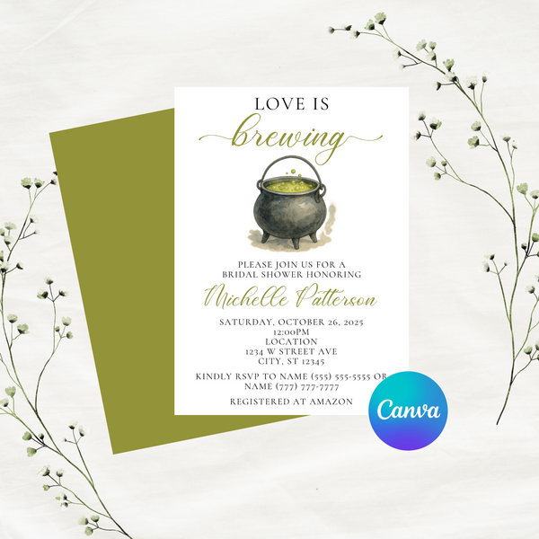 Editable Halloween Love Is Brewing Bridal Shower Invitation Template 5x7