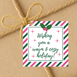 INSTANT DOWNLOAD Pink And Green Wishing You A Warm & Cozy Holiday Square Gift Tags 2.5x2.5
