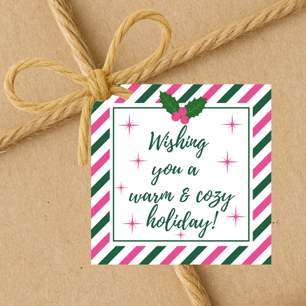 INSTANT DOWNLOAD Pink And Green Wishing You A Warm & Cozy Holiday Square Gift Tags 2.5x2.5
