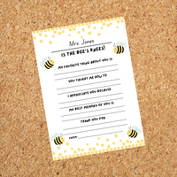 INSTANT DOWNLOAD Bee Themed Teacher Questionnaire 5x7