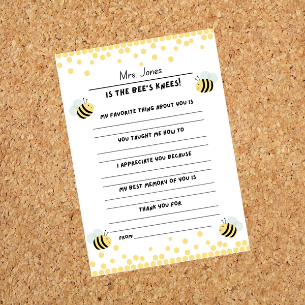 INSTANT DOWNLOAD Bee Themed Teacher Questionnaire 5x7