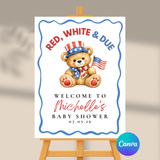Editable Patriotic Red, White & Due Bear Baby Shower Welcome Sign | Instant Download | Canva Template | 18x24, 24x36