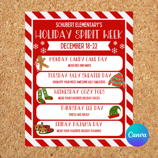 DIGITAL DOWNLOAD ONLY Editable Red White Holiday Spirit Week Template Schedule 8x10