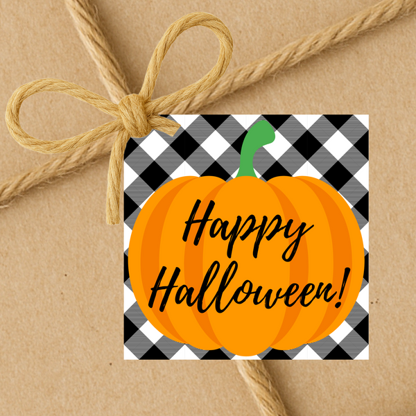 INSTANT DOWNLOAD Plaid Happy Halloween Pumpkin Square Gift Tags 2.5x2.5