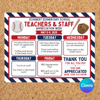 Editable Baseball Themed Teachers & Staff Appreciation Week Itinerary Poster – Instant Download – Customizable PDF – Teacher Appreciation Gift
