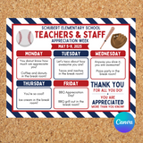 Editable Baseball Themed Teachers & Staff Appreciation Week Itinerary Poster – Instant Download – Customizable PDF – Teacher Appreciation Gift