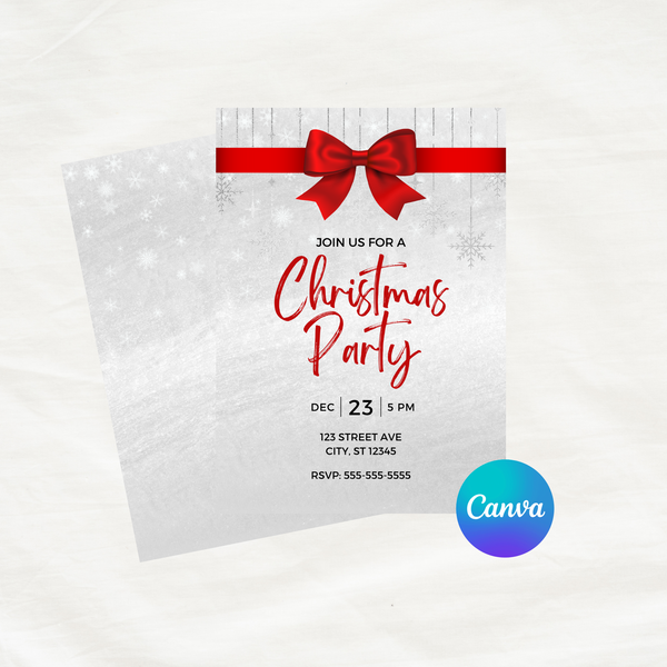 DIGITAL DOWNLOAD ONLY Red Bow Christmas Party Editable Invitation 5x7
