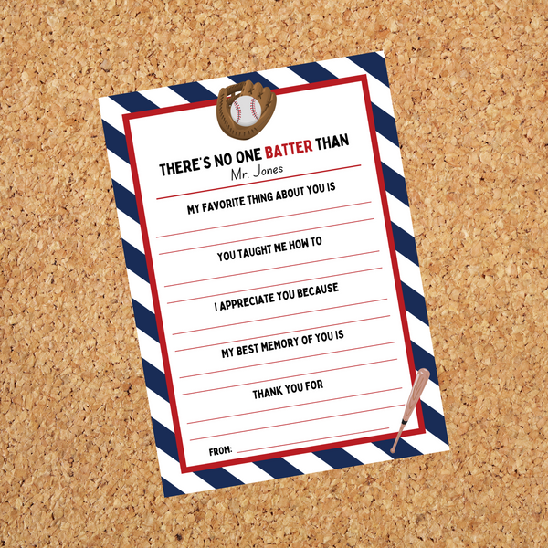 INSTANT DOWNLOAD Baseball Themed Teacher Questionnaire 5x7