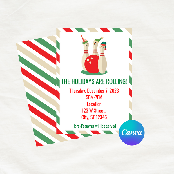 DIGITAL DOWNLOAD ONLY Holidays Are Rolling Bowling Party Event Editable Invitation 5x7