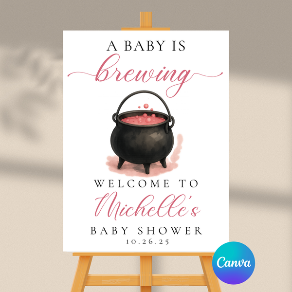 Editable Pink Halloween A Baby Is Brewing Baby Shower Welcome Sign | Halloween Theme | Instant Download | Canva Template | 18x24, 24x36