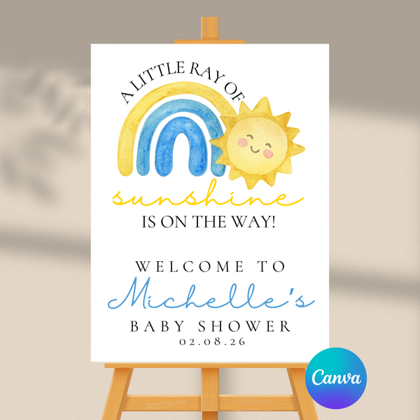 Editable Blue A Little Ray Of Sunshine Is On The Way Baby Shower Welcome Sign | Instant Download | Canva Template | 18x24, 20x30, 24x36