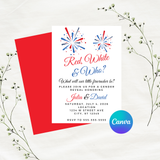 Editable Patriotic Red, White & Who Fireworks Gender Reveal Party Invitation Template 5x7