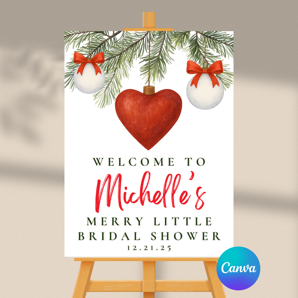 Editable Christmas A Merry Little Bridal Shower Welcome Sign | Instant Download | Canva Template | 18x24, 24x36