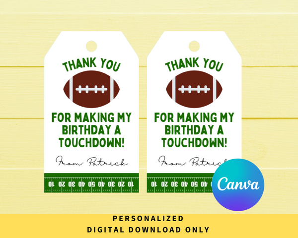 DIGITAL DOWNLOAD ONLY Football Themed Birthday Party Editable Gift Tags 2x3.5