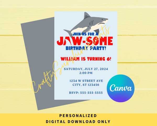 DIGITAL DOWNLOAD ONLY Jawsome Shark Birthday Editable Invitation 5x7